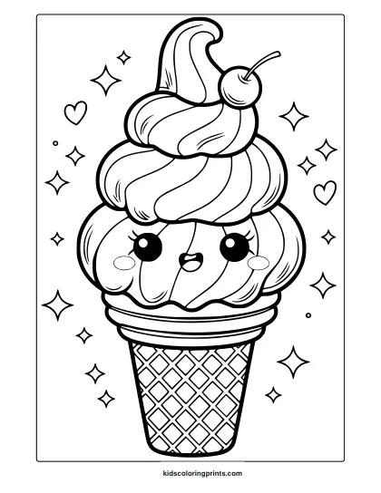 Kawaii Ice Cream Coloring Page Featuring A Smiling Ice Cream Cone With A Cherry, Decorated With Stars And Hearts For A Cheerful Feel.