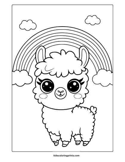 Cute Kawaii Llama Coloring Page With A Fluffy Llama Under A Rainbow, Featuring Clouds For A Magical Coloring Experience.