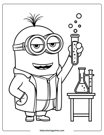 A Science-Themed Minion Coloring Page Featuring Kevin In A Lab Coat Holding A Bubbling Test Tube.