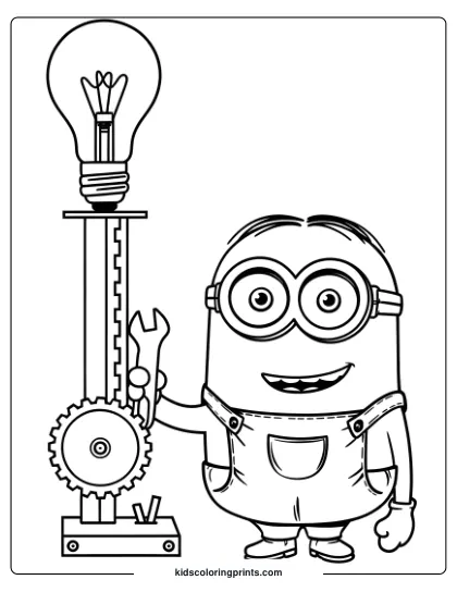 A Creative Minion Coloring Page Featuring Kevin Working On An Invention With A Wrench And A Glowing Lightbulb.