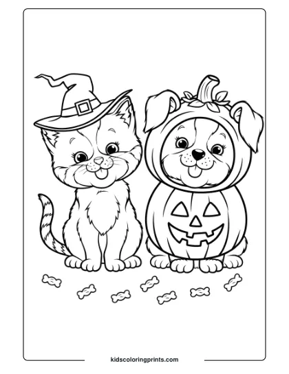 A Halloween Kitten And Puppy Duo Dressed Up, Adding Spooky Cheer To This Festive Coloring Page.