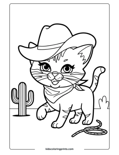 A Cowboy Kitten With A Hat And Bandana, Standing By A Cactus, Creating A Wild Western Coloring Page Scene.