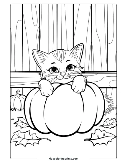 A Kitten Hugging A Pumpkin With Autumn Leaves, Ideal For A Cozy Harvest-Themed Coloring Page.