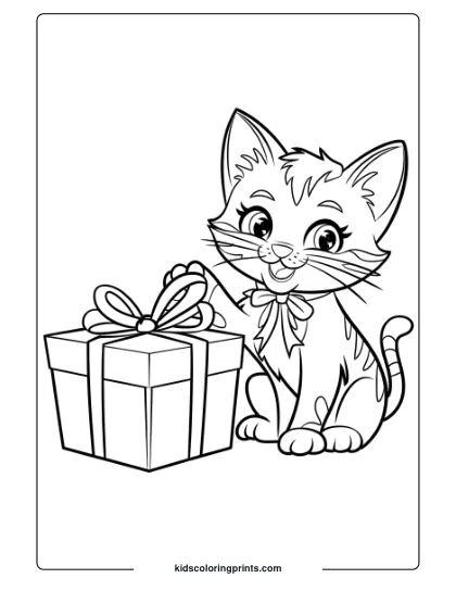 A Kitten With A Bow And A Gift Box, Adding A Festive And Joyful Feel To This Coloring Page.