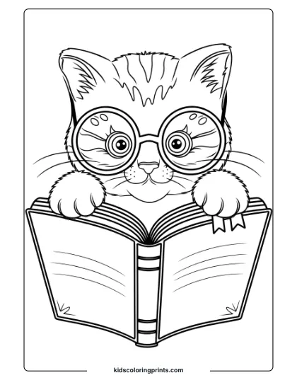 A Curious Kitten With Glasses Peeking Over An Open Book, Ideal For A Fun And Educational Coloring Page.