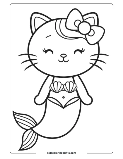 Cat Mermaid Swimming Gracefully With A Bow And Shell-Decorated Tail In This Playful Coloring Page.