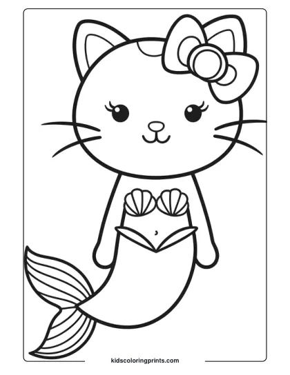 Cat Mermaid Sitting With A Bow And A Curled Tail In This Cute Black And White Coloring Page.