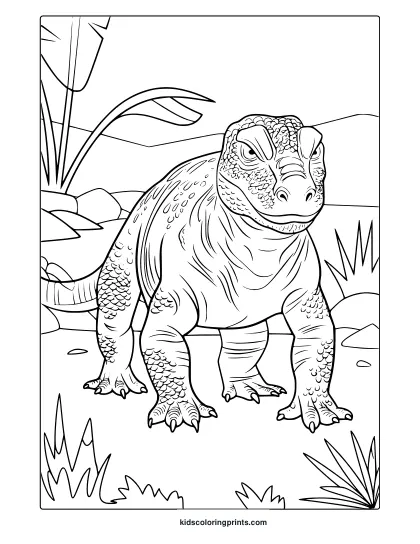 A Komodo Dragon Coloring Page Featuring A Detailed Reptilian Creature In A Tropical Setting, Perfect For Nature Lovers.