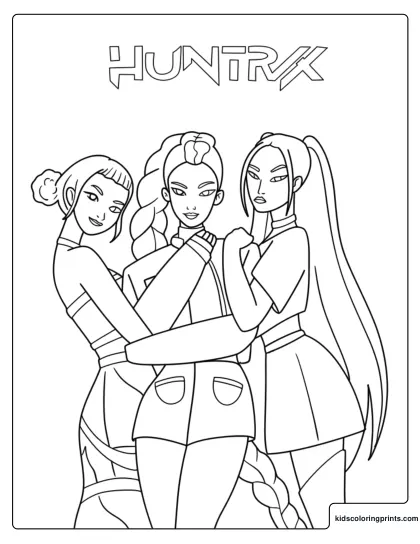 Huntrix Group Pose Coloring Page With Mira Rumi And Zoey Standing Together