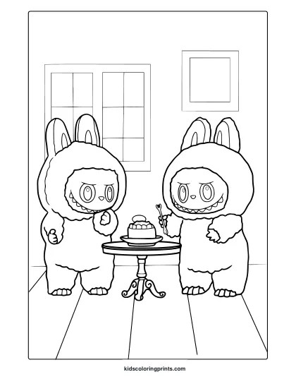 Two Labubu Characters Share A Cake Indoors In This Friendly And Balanced Coloring Page.