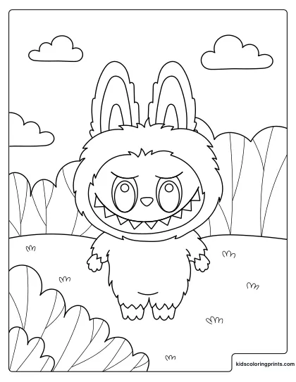 Labubu Coloring Page Showing The Funny Creature With Big Teeth Standing In A Sunny Field.