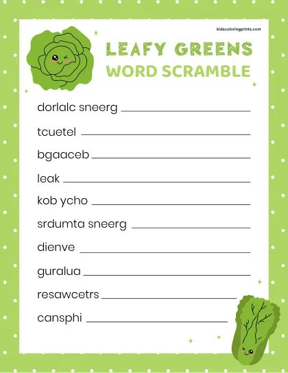 Free Printable Leafy Greens Word Scramble For All Ages To Explore Healthy Green Vegetables.