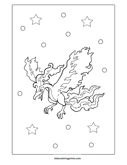 Legendary Moltres In A Swirling Flame Design, Perfect For A Bold And Detailed Coloring Page.