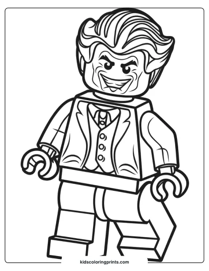 The Joker Lego Coloring Page Portrays A Lego Version Of The Famous Character, Complete With Wavy Hair, A Slick Suit, And A Wide, Painted Smile. The Figure Stands Upright With Both Hands By His Sides, Showcasing The Playful Nature Of This Unique Representation.