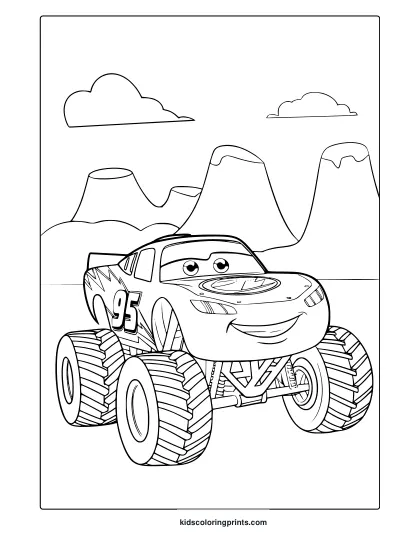 Lightning Mcqueen As A Monster Truck With Number 95, Desert Setting And Friendly Vibe On A Coloring Page.