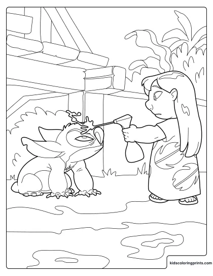 Lilo And Stitch Coloring Page With Lilo Spraying Water At Stitch