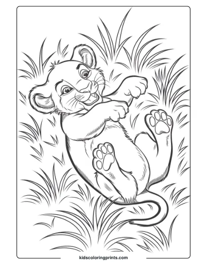 A Lion Cub Rolling In The Grass, Creating A Joyful And Fun Lion Coloring Page For Children To Color.
