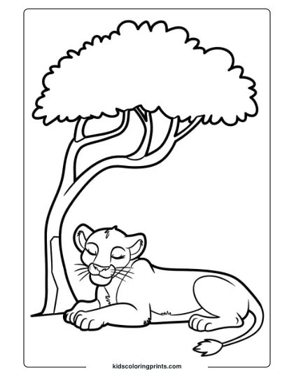 A Lioness Lying Under A Tree, Offering A Serene And Peaceful Lion Coloring Page For Kids To Enjoy.