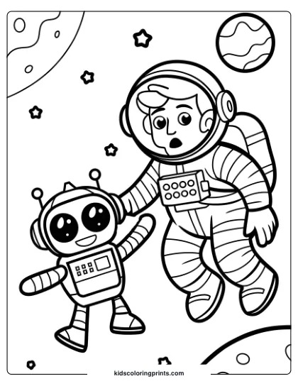 Coloring Page Of An Astronaut And A Robot Floating In Space, With Stars And A Cratered Planet In The Background.