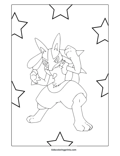 Lucario In A Dynamic Combat Pose Surrounded By Stars On A Bold Pokémon Coloring Page.