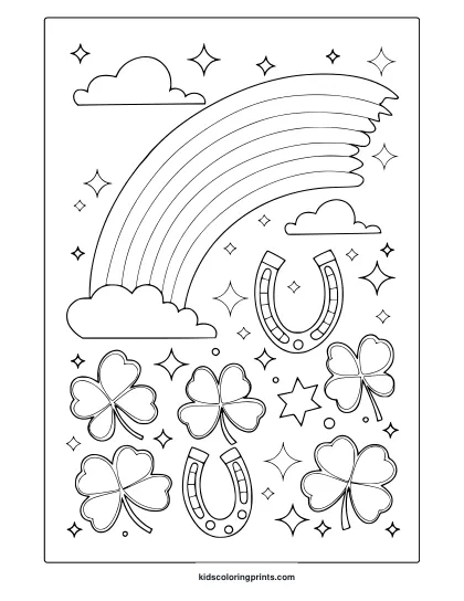 A St. Patrick’s Day Coloring Page Featuring A Rainbow, Shamrocks, Horseshoes, And Stars, Perfect For Festive Fun.