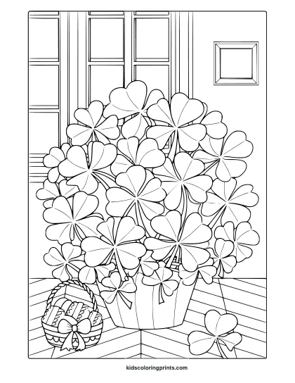 A St. Patrick’s Day Coloring Page Featuring A Vase Of Shamrocks, A Basket Of Bread, And A Cozy Indoor Setting.