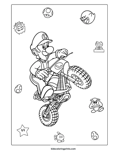 Coloring Page With Luigi On A Dirt Bike And Mario-Themed Characters Surrounding Him.