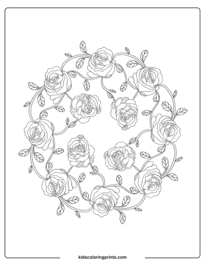 Rose Mandala Coloring Page With Intricate Vines And Petals In A Balanced Circular Design, Perfect For Mindful Coloring.