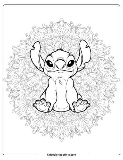 Stitch Is Surrounded By Mandala Patterns In This Relaxing Coloring Page.