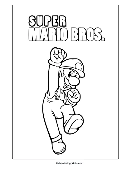 Coloring Page With Mario In A Running Pose And Classic Super Mario Bros. Title At The Top.