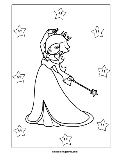 Coloring Page Of Princess Rosalina With Wand And Floating Star Characters In A Dreamy Scene.