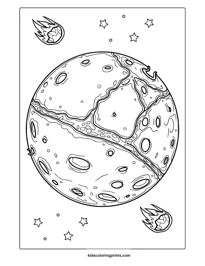 Mars With Bold Craters Stars And Meteors. Dynamic Mars Coloring Page With Space Theme And Clean Outlines.