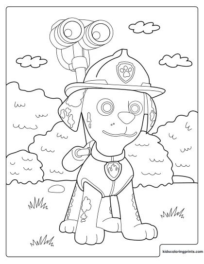 Paw Patrol Coloring Page Featuring Marshall Wearing His Fire Helmet And Gear.