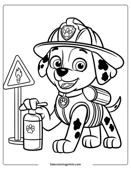 Marshall Coloring Page With Him In Firefighter Gear, Holding A Fire Extinguisher.