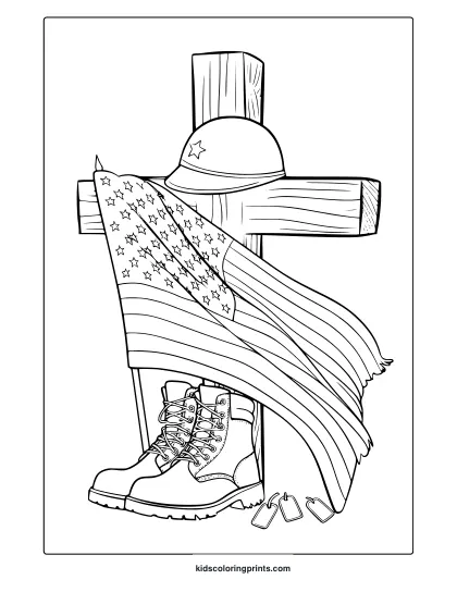 A Memorial Day Coloring Page With A Cross, An American Flag, A Military Helmet And Rugged Boots.