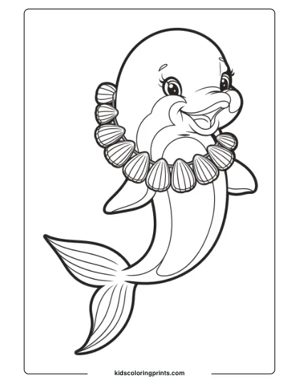 A Mermaid-Themed Dolphin With A Seashell Necklace, Perfect For An Enchanting Coloring Page.