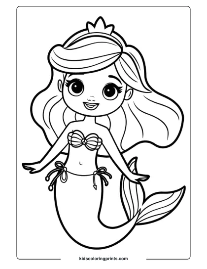 Mermaid Princess With Big Eyes Swimming Underwater With Bubbles In This Cute Coloring Page.