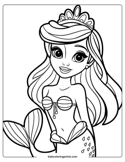 Mermaid Princess Swimming In Side Profile With Bubbles In This Underwater Coloring Page.