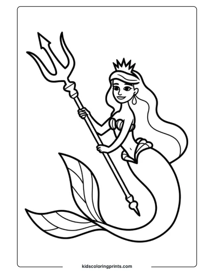 Mermaid Holding A Trident With A Crown On Her Head, Her Tail Curving Gracefully In This Majestic Underwater Coloring Page.