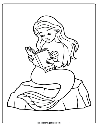Mermaid Reading A Book While Sitting On A Rock, With Her Tail Curling Gracefully Around Her In This Calming Coloring Page.
