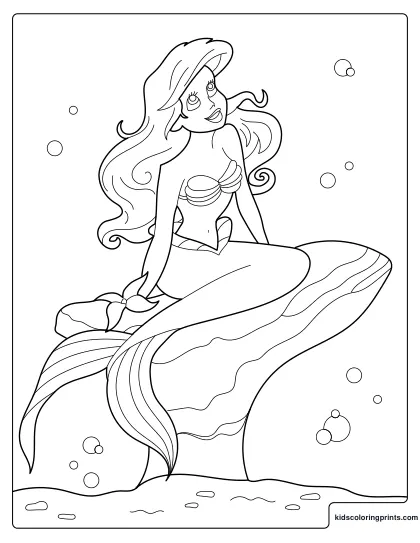 Mermaid Coloring Page Featuring A Beautiful Mermaid Sitting On A Rock With Bubbles.