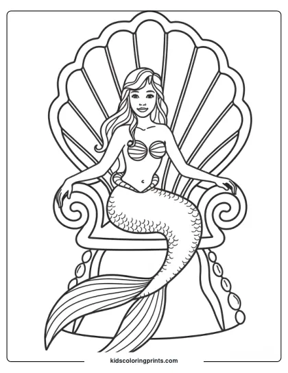 Mermaid Sitting On A Seashell Throne With Long Flowing Hair And A Scaly Tail In This Majestic Coloring Page.