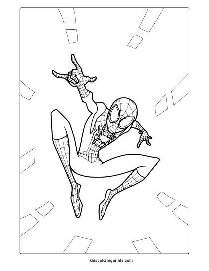 Miles Morales Coloring Page With Jumping Pose, And Signature Web-Suit.