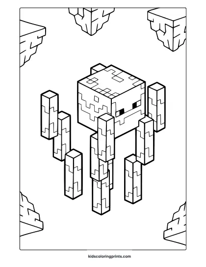 Minecraft Blaze Coloring Page With Blocky Character, Cubic Pillars, And Geometric Cliff Background For Coloring.