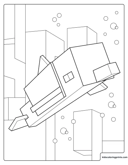 Minecraft Dolphin Coloring Page Swimming Underwater Among Blocks