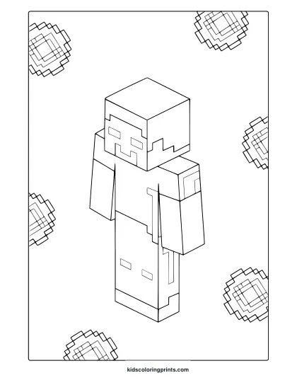 Minecraft Herobrine Coloring Page With Isometric Pixelated Snowflake Designs For Creative Coloring.