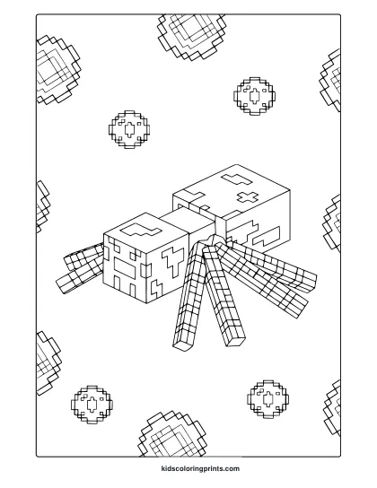Minecraft Spider Coloring Page With Geometric Zombie Figure And Floating Shapes In Clean Minecraft Art Style.