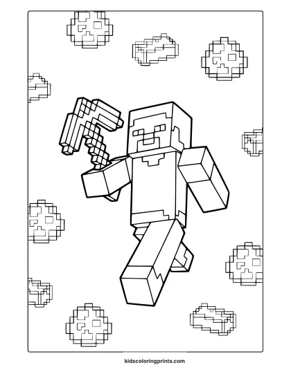 Minecraft Steve Coloring Page Featuring Steve Holding A Pixelated Gun, Ready For Creative Coloring Fun.