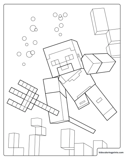 Minecraft Steve Coloring Page Underwater Holding A Trident