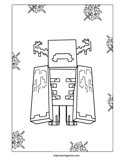 Minecraft Warden Coloring Page With A Pixelated Cape Design And Scattered Snowflake Patterns For Coloring.